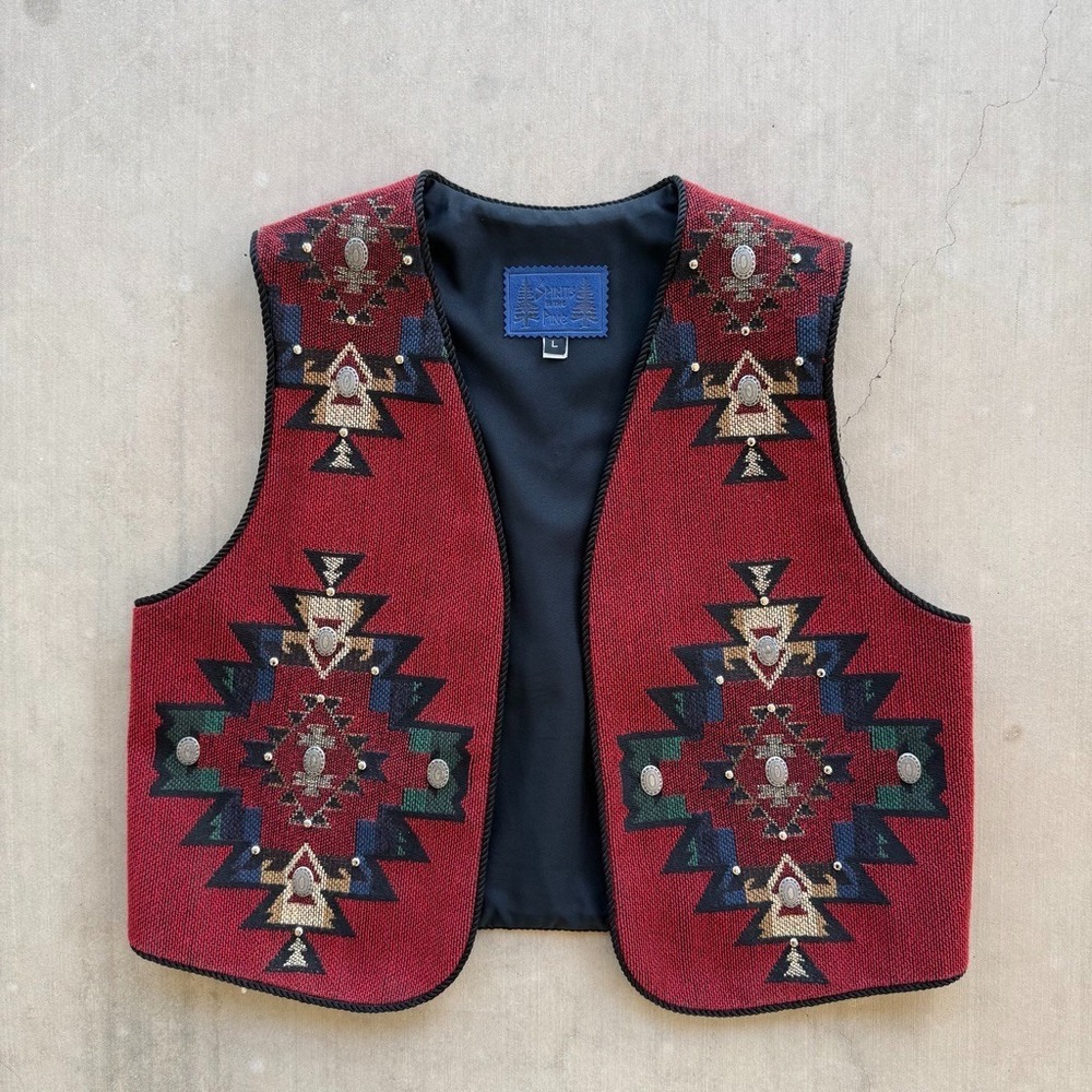 Vintage 90s Spirits in the Pines Womens L Southwestern Concho Tapestry Vest